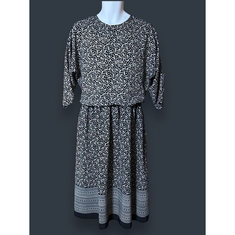 Vintage Starlo Dress Womens White Black Floral Blouson 80s 90s Midi Sz 10